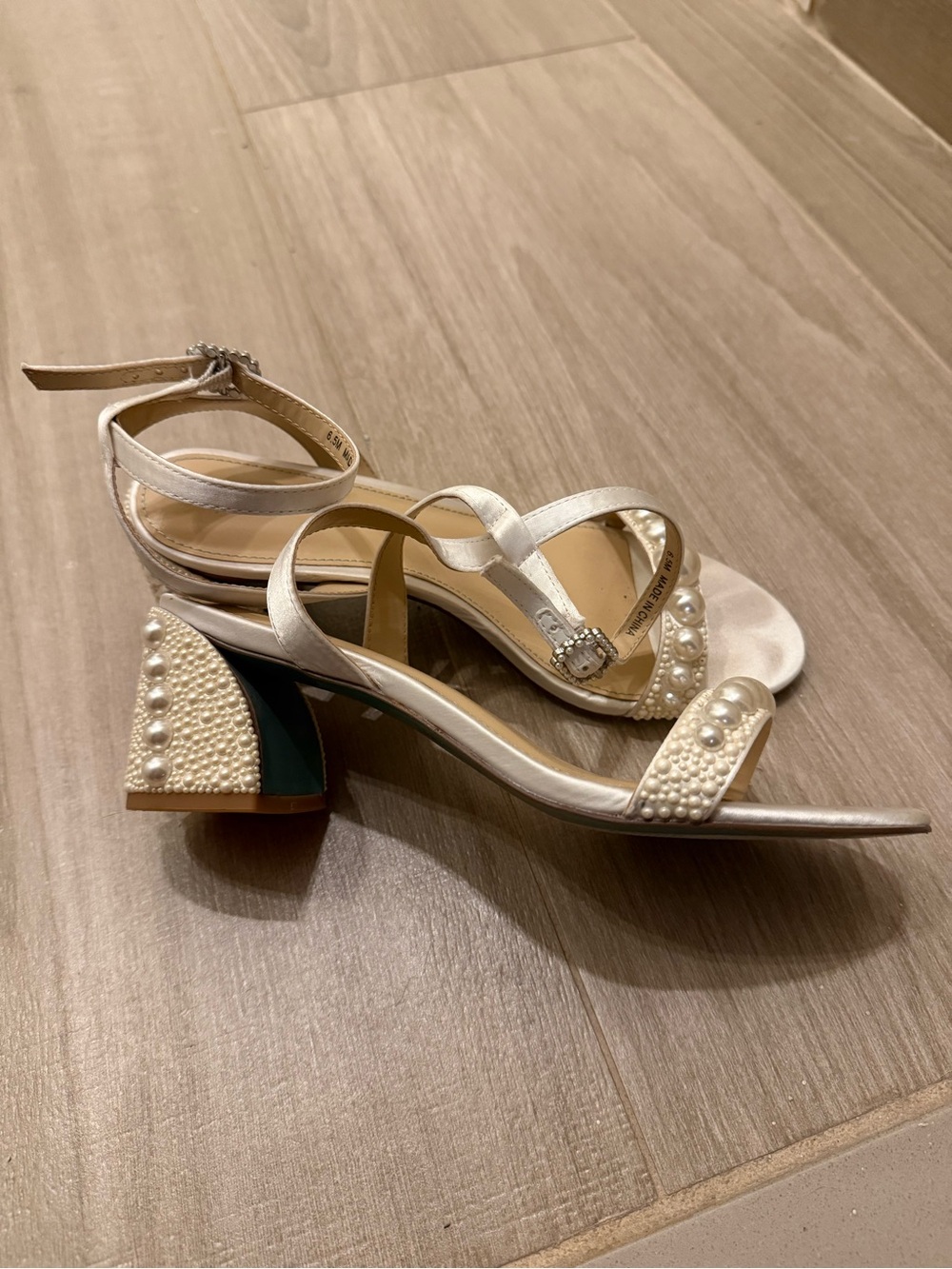 Betsey Johnson Pearl-Embellished Ivory Strappy Block Heel Sandals